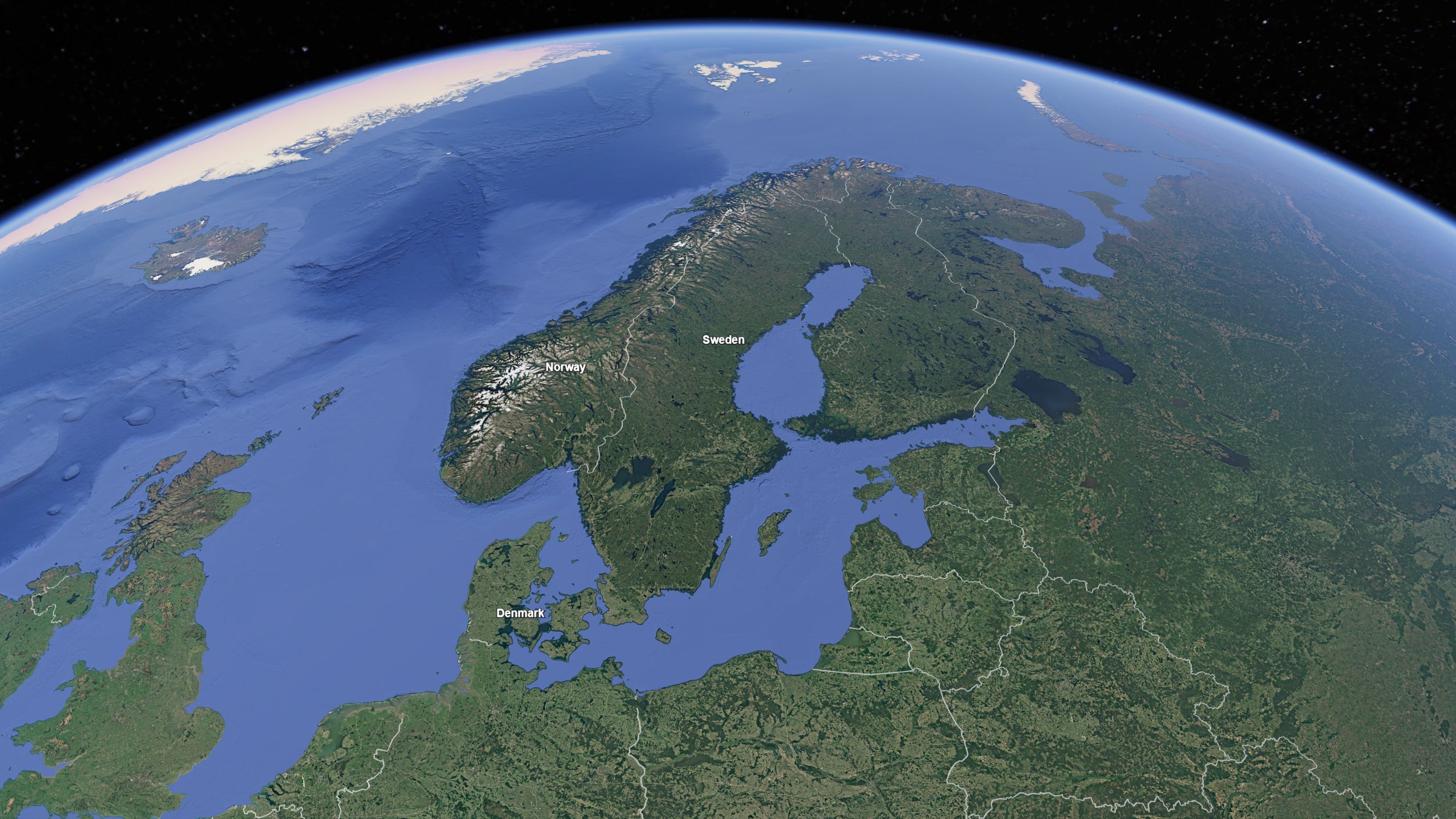 Satellite view of Scandinavia.