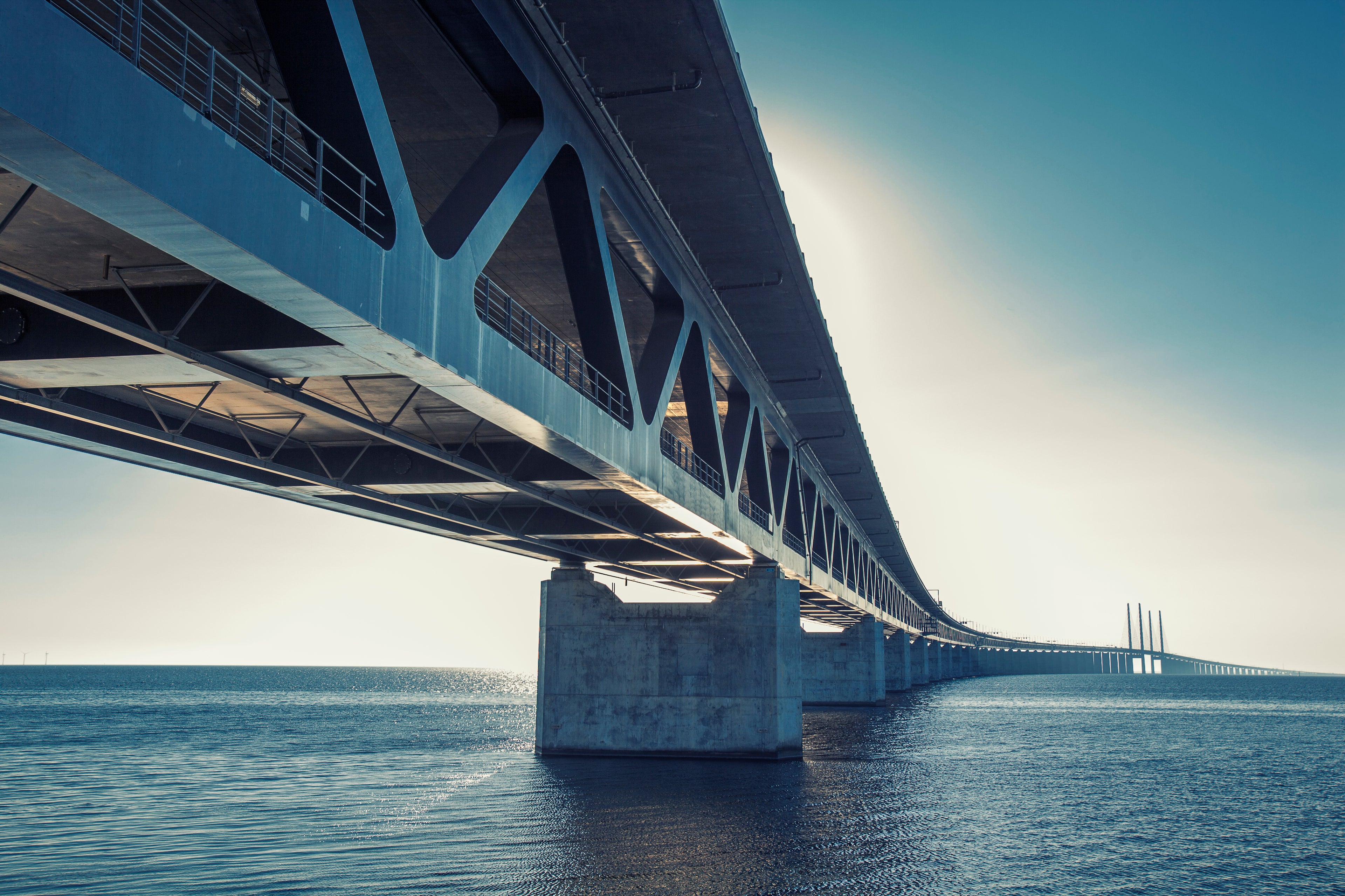 Scenic image of the Öresund bridge, viewed from underneath the bridge.